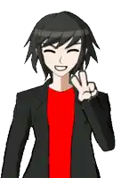 a cartoon character is wearing a red shirt and a black jacket and giving a peace sign