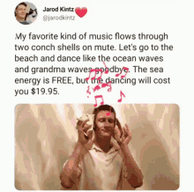 a tweet from jarod kintz shows a man holding a conch shell