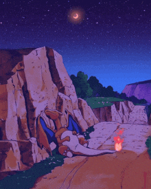 a cartoon of a dragon laying on a rock with a crescent moon in the sky