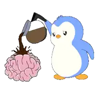 a penguin is pouring coffee into a brain shaped object