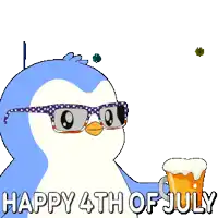 a penguin wearing sunglasses is holding a mug of beer in front of fireworks and the words happy 4th of july
