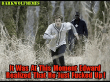 a man in a baseball uniform is running through a field with a security guard behind him .
