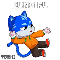 a cartoon drawing of a blue cat with kung fu written on it