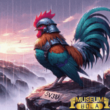 a rooster with a helmet and a sign that says sv388 on it