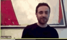 a man with a beard is smiling in front of a framed picture on a wall .