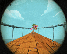 a cartoon character is standing on a bridge