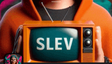 a cartoon character is holding a tv with the word slev on the screen