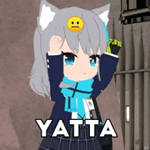a cartoon girl with a cat ear and a smiley face on her head is standing in front of a building .