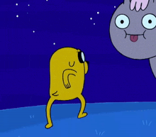 a cartoon character named jake is standing next to a cartoon character with a tongue out