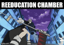 a cartoon of a girl with a sword and the words reeducation chamber