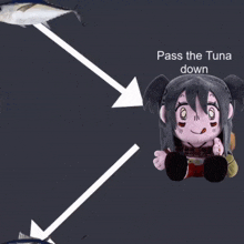 a stuffed animal with the words pass the tuna down on the bottom