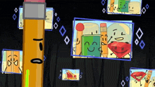 a pencil with a face is surrounded by other pencil characters