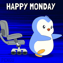 a penguin is standing in front of an office chair with the words happy monday written below it