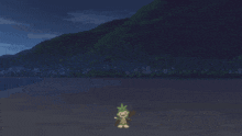 a cartoon character with a green leaf on his head is standing in the dark