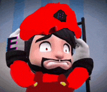 a cartoon character is wearing a red hat and gloves with the letter e on them