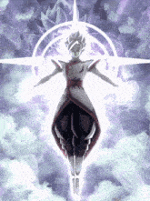 a cartoon character is flying through the air with a purple and white background