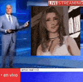a man in a suit and tie is standing in front of a live streaming sign