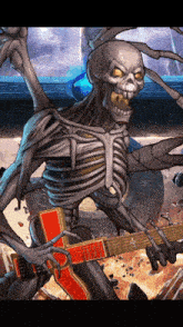 a skeleton is playing a guitar with a cross on it