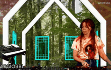 a woman in a tie dye shirt is playing a keyboard in front of a house with swiftmo written on the bottom right