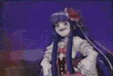 a girl with long blue hair and a red bow on her head