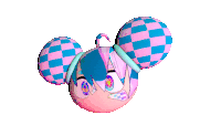 a cartoon character with pink and blue checkered hair and glasses