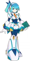 a cartoon drawing of a robot girl with blue hair holding a tablet