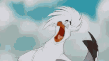 a cartoon seagull is screaming with its mouth wide open .