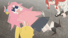 a girl with red hair is standing next to a pink monster