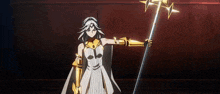 a woman in a white dress and gold armor is holding a golden spear .
