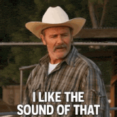 a man in a cowboy hat and plaid shirt says i like the sound of that