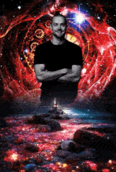 a man stands with his arms crossed in front of a colorful background with a lighthouse and a clock in the background