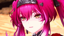 a close up of a girl with pink hair and a crown on her head
