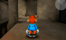 a cartoon character in a blue and orange outfit stands in a hallway