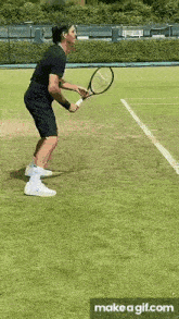 a man is holding a tennis racquet on a tennis court and playing tennis .
