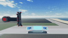 a computer generated image of a giant sword with a red x on the handle