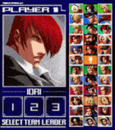 a video game screen shows the player iori and the select team leader