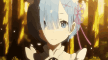 a girl with blue hair and a pink bow in her hair is smiling .