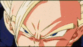 a close up of a dragon ball z character 's face with blue eyes