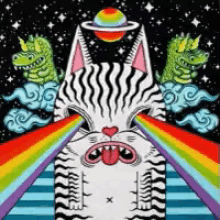 a cartoon drawing of a cat with a rainbow coming out of its mouth