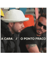 two men looking at each other with the words a cara / o ponto fraco