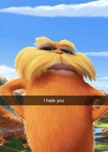 a close up of a cartoon character with the words i hate you