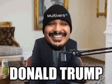 a man wearing a hat that says " multivers " on it