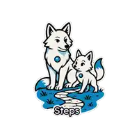 a sticker of two foxes with the word steps on the bottom right