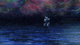 a painting of water with a purple background