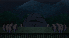 a cartoon character with long black hair and purple claws looks over a fence