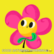a cartoon flower says good saturday morning with a cup of coffee