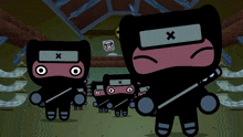 a group of ninjas are standing in a hallway with a no smoking sign in the background