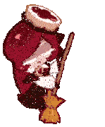 a cartoon character with red hair is holding a broom and a cookie on her head .