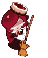 a cartoon character with red hair is holding a broom and a cookie on her head .