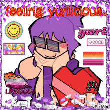 a cartoon of a girl holding a red heart with the words feeling yurilicious yuri on the bottom